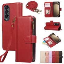 PU Leather Wallet Phone Case for Samsung Galaxy Z Fold 4 Flip Case with Card Holder, RFID Blocking Wallet, Zipper, Wristband & Kickstand, Shockproof Rugged Crossbody Phone Case Cover,Red
