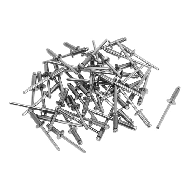 Remaches ciegos de gran flange con cabeza de cúpula Unique Bargains Diámetro de agarre de 5mm Longitud de agarre de 10mm Diámetro del flange de 9.35mm Acero inoxidable Tono plateado 50 Pcs