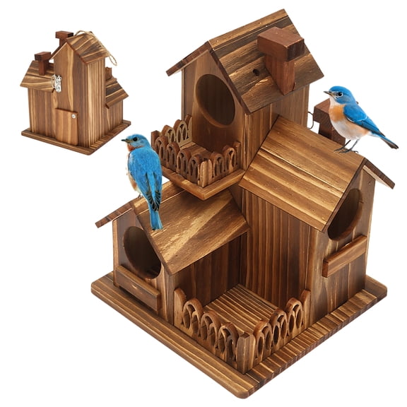 Threns Large Wooden Bird House for Outside, 3-Hole Birdhouse, Outdoor Bird Nesting Box for Bluebird Chickadee Finch Wren, Perfect for Garden Courtyard Decoration