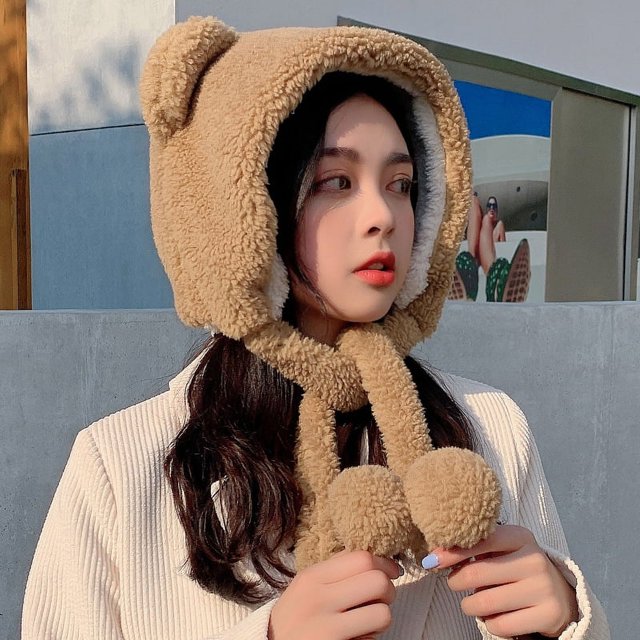 Lindo oso protector de oído versátil felpa Baotou sombrero niños invierno (caqui)