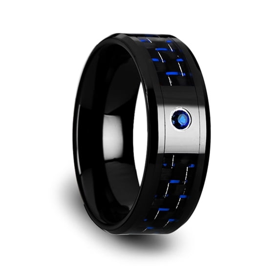 Odell Black Ceramic Ring With Black And Blue Carbon Fiber And Blue Sapphire Setting