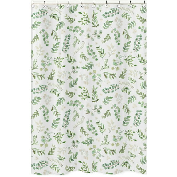 Sweet Jojo Designs Floral Leaf Bathroom Fabric Bath Shower Curtain - Green and White Boho Watercolor Botanical Woodland Tropical Garden