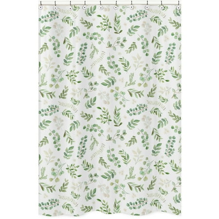 Sweet Jojo Designs Floral Leaf Bathroom Fabric Bath Shower Curtain - Green and White Boho Watercolor Botanical Woodland Tropical Garden