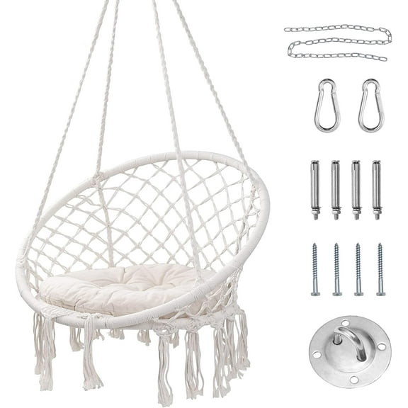 Hammock Chair, Hanging Swing with Macrame and Cushion, Max 330 Lbs, Beige Hanging Cotton Rope Chair for Indoor, Outdoor, Bedroom, Patio, Yard, Deck, Garden and Porch