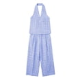 thumbnail image 6 of Dianli 2 Piece Sets for Women Summer Linen Plaid Two Piece Set V Neck Top and Wide Leg Pants Matching Outfit Stylish Casual Wear for Women Summer Vacation Travel and Daily Use Blue XL, 6 of 7