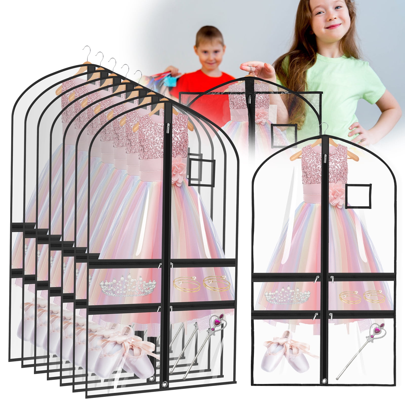 4/8 Pack Dance Garment Bag 40" x 22" PVC Clear Costume Bag for Dancer with 4 Zippered Pocket for Hanging Clothes for Dance Competition Recital Travel and Closet Storage