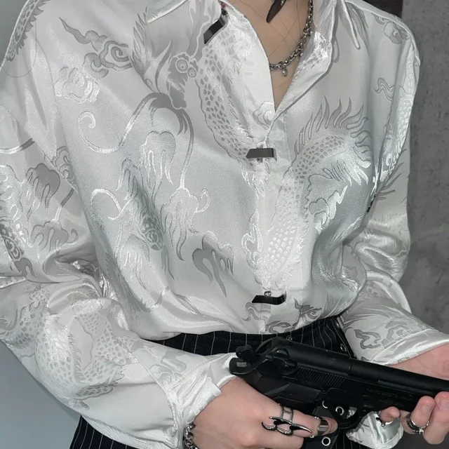 -blusas Harajuku Vintage para mujer, ropa de calle de gran tamaño con estampado de dragón, camisas de manga larga con botones, estilo chino, tendencia Punk