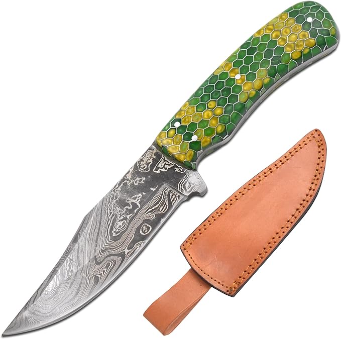 Wild Turkey Handmade 9.5" Green Viper Handle Damascus Outdoor Hunting Knife