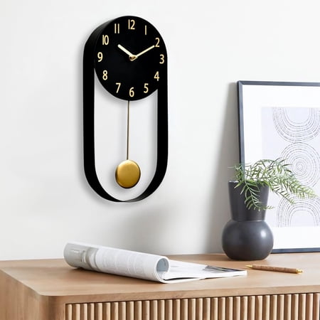 8 Inch Black Wall Clock with Pendulum, Silent Modern Metal Wall Clock, Minimalist Decorative Pendulum Timepiece for Living Room, Office, Kitchen