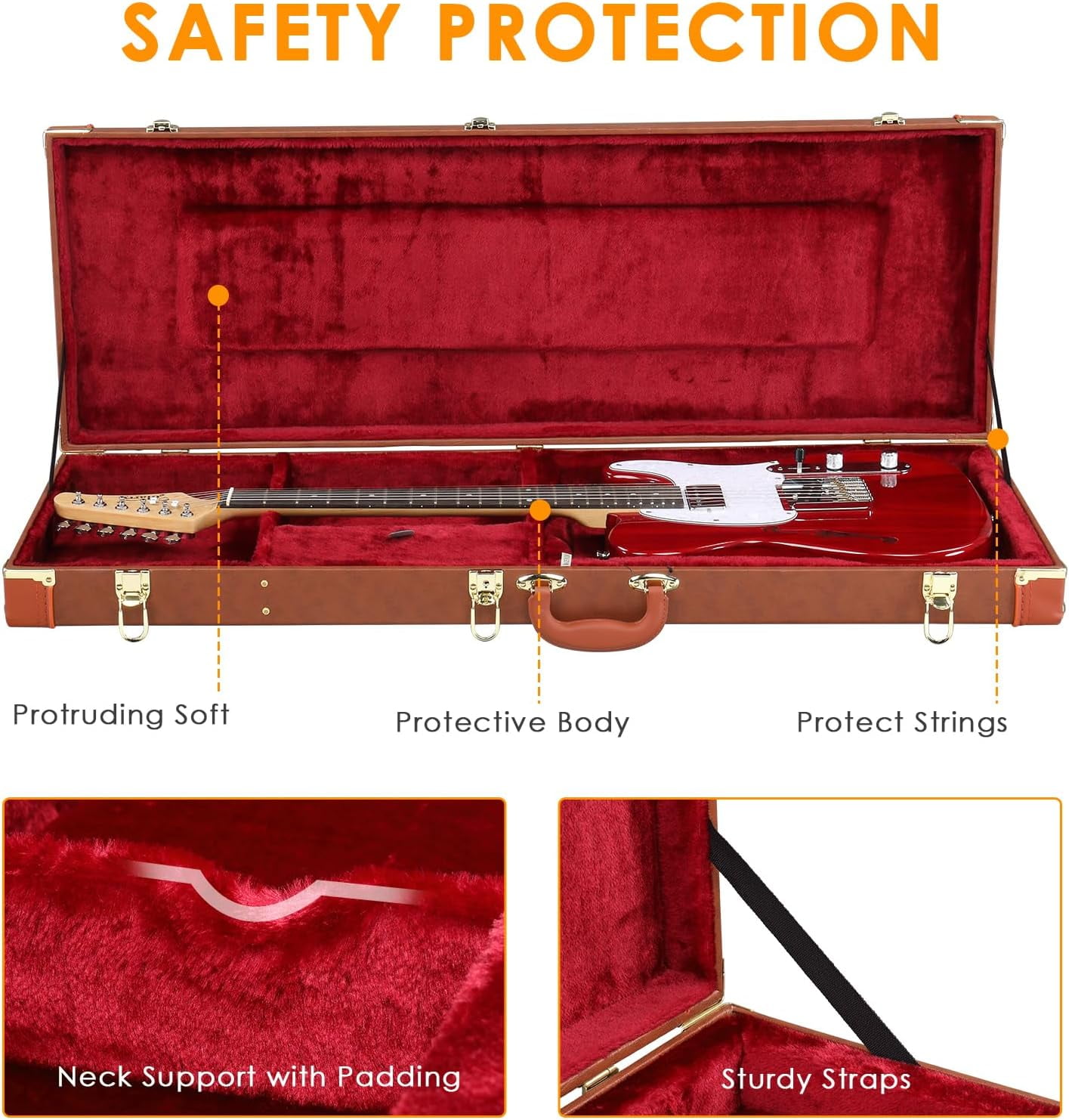 39-Inch Electric Guitar Hard Case, Rectangle Wooden Standard Electric Guitars Hard-Shell Protective Carrying Case for KST/KTL/170 Model with Lock Latch Padding (Brown)