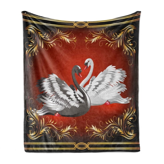 Animal Soft Flannel Fleece Throw Blanket, Black and White Swan Couple Ornamental Framework Romance Grace Tenderness Purity, Cozy Plush for Indoor and Outdoor Use, 50" x 60", Multicolor, by Ambesonne