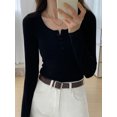 thumbnail image 5 of Arvbitana Women's Long Sleeve T-shirt Solid Color Button Closure Pullovers Slim Fit Crew Neck Going Out Tops for Daily Street, 5 of 6