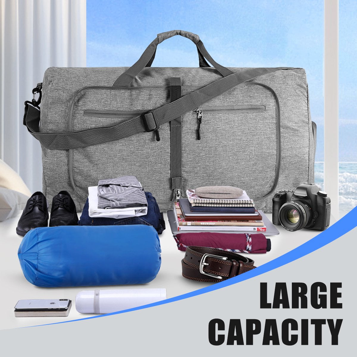 DAKOMM Travel Duffle Bag, 65L Foldable Weekender Bags for Women with Shoe Compartment, Carry on Overnight Bag for Men Women, 24" Gym Travel Bag Water Repellent & Tear Resistant, Gray