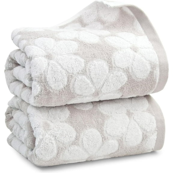 Soft Bath Towels 2 Pack, Super Absorbent Shower Towels 27.5x55 Inches, Cute Floral Jacquard Bathroom Set, Cotton, Light Beige