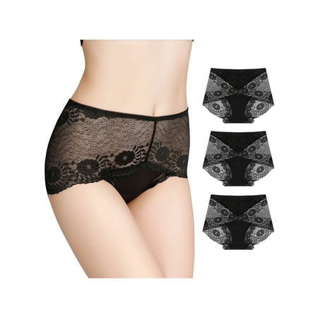 Unique Bargains Women s Plus Underwear Floral Lace Mid-Waist Panty Briefs 3-Pack M Black