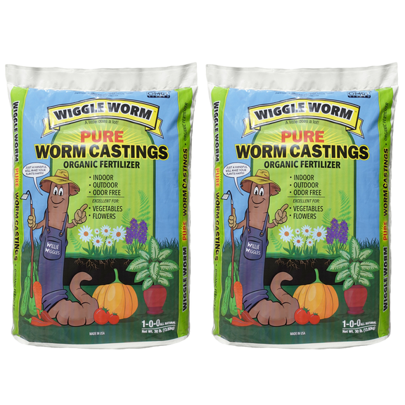 Wiggle Worm 100% Pure Organic Mineral-Dense Worm Castings Fertilizer, 30lbs, Pack of 2 - Improves Soil Fertility and Aeration for Growing Better Houseplants, Vegetables, and More