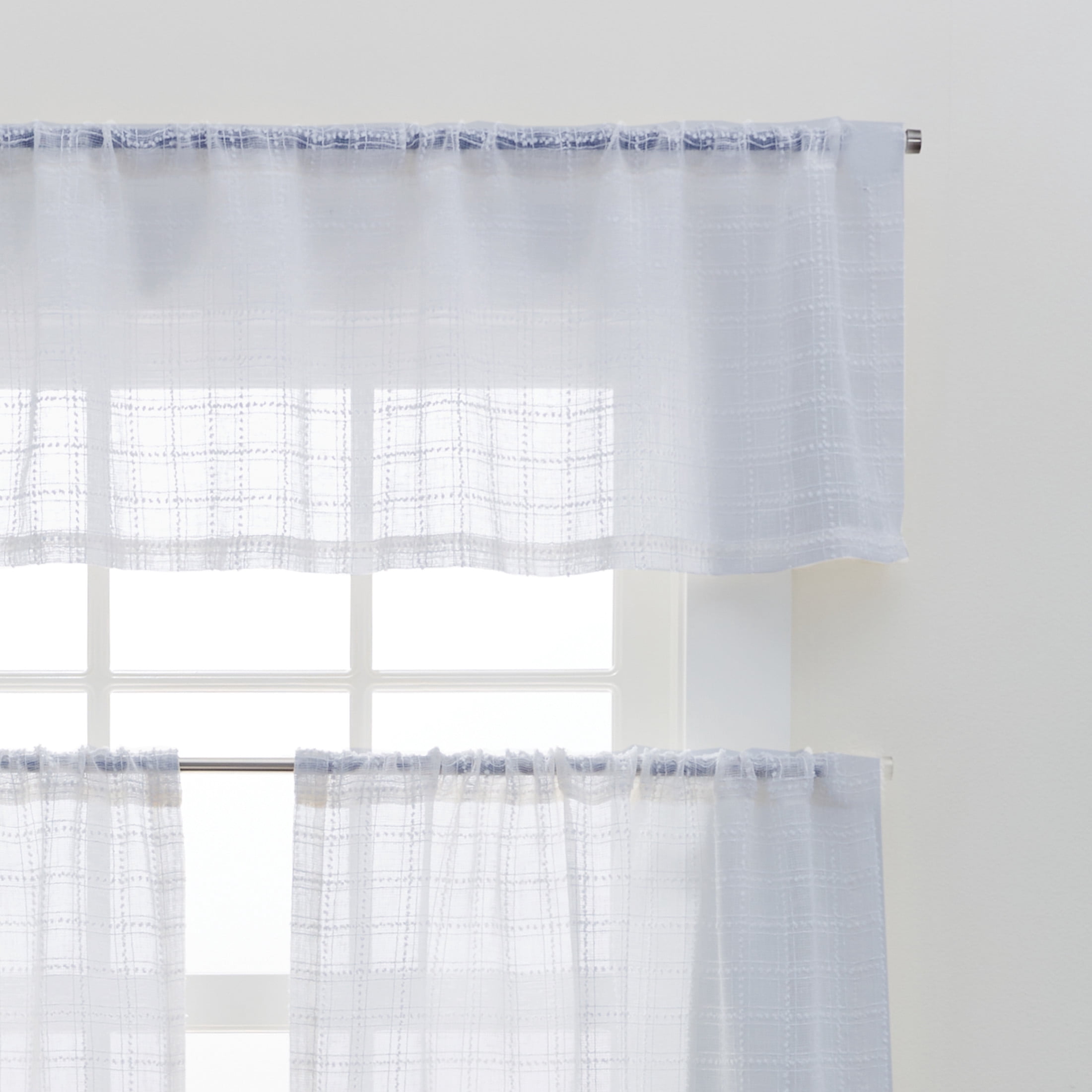 Better Homes & Gardens Tonal Windowpane Valance & Tier Set, 3 Piece Indoor Curtain, Soft Silver, 60"W x 36"L, Adult
