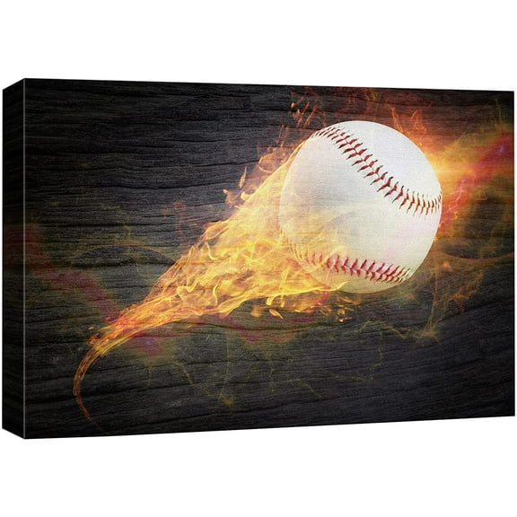 wall26 Canvas Print Wall Art Wood Panel Effect Blazing Fire Spark Baseball Boys Room Decor Sports Fitness Photography Realism Decorative Scenic Multicolor for Living Room, Bedroom, Office - 32"x