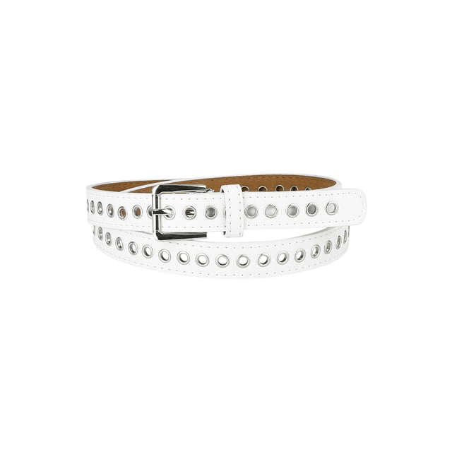 Cinturón de cuero PU con ojales Inspire Chic para mujeres, hebilla de metal, cinturones delgados de talla grande para jeans y vestidos, 104 cm/41" blanco