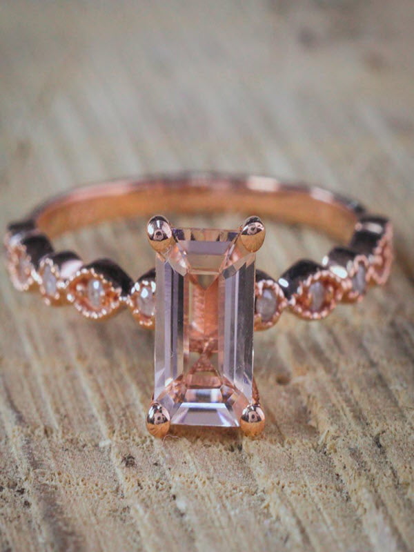 1.25 Carat Peach Pink Morganite emerald cut Morganite and Diamond Engagement Ring in 10k Rose Gold 