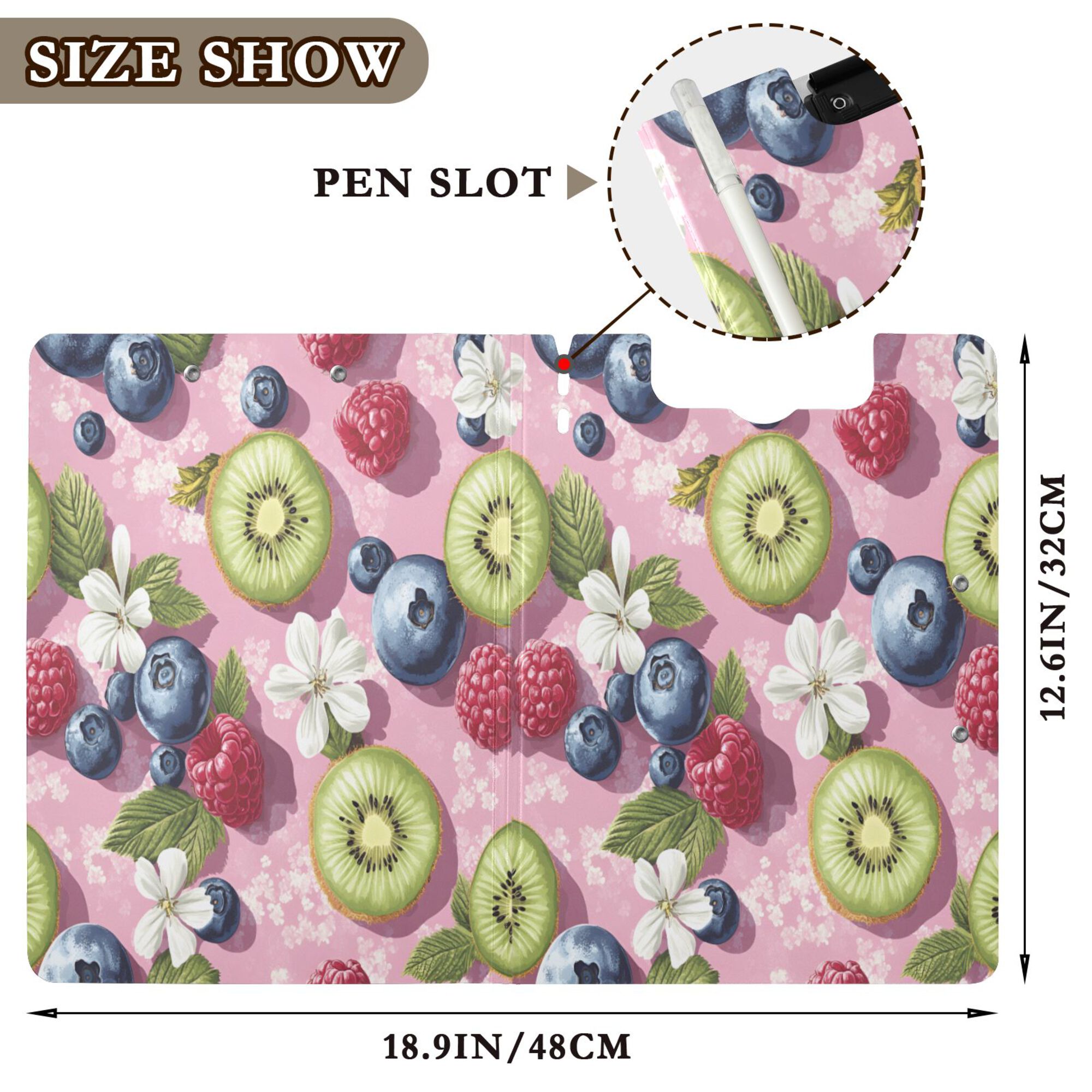 FORMRS A4 Clipboard Folder with Pen Holder Horizontal Foldable School Office Binder, Pink Blueberries