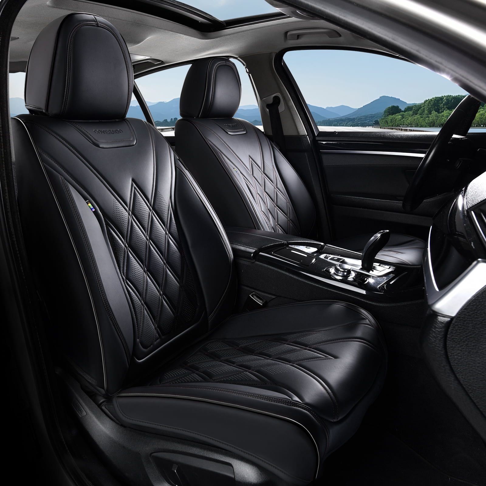Coverado Full Set Covers For Cars, Waterproof Faux Leather Front and Rear Seat Protectors, Auto Cushions Universal Fit for Most Cars, Black