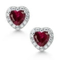 thumbnail image 2 of Gem Stone King 925 Sterling Silver Red Created Ruby and Moissanite Stud Earrings for Women (1.42 Cttw, Gemstone Birthstone, Heart Shape 5MM), 2 of 4