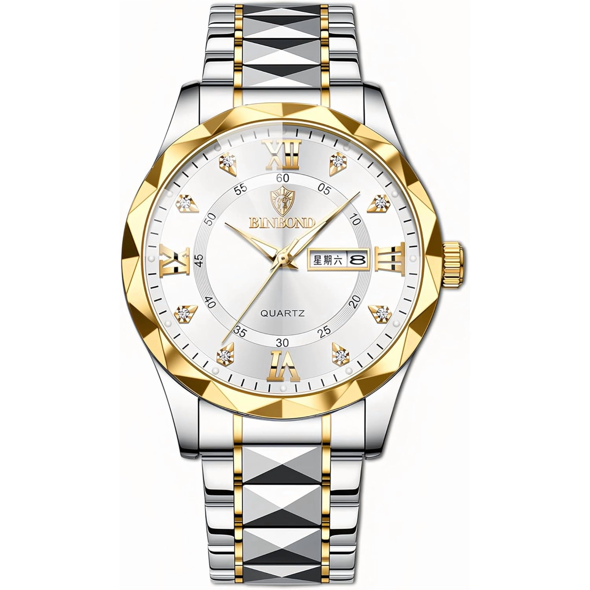 Luxury Men's and Women's Business Diamond Stainless Steel Waterproof Roman Numeral Analog Quartz Watch with Day-Date Calendar, Gold and Silver Tone