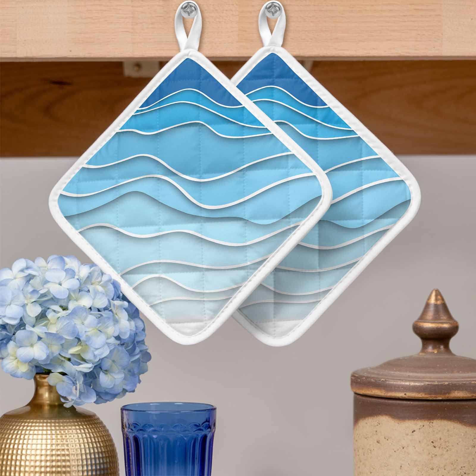 Blue Aqua Ombre Pot Holders for Kitchen Heatproof Potholder, 4 Pack Modern Geometric Abstract Aesthetic Cream Hot Pads Multipurpose Oven Pads Cloth Potholders Trivet for Cooking and Baking