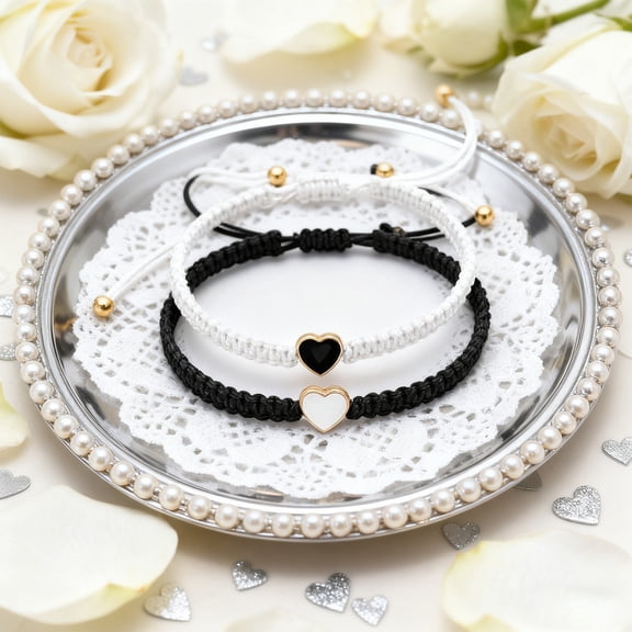 2Pcs Valentines Day Themed Couple Matching Bracelets Heart Matching Bracelets Friendship Bracelet for Kids, Gifts for Teen Women Couples