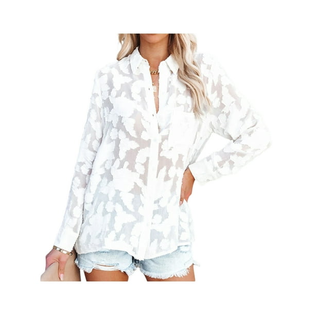 SAYOO Camisas elegantes para mujer, blusa de gasa con botones de manga larga de jacquard de color puro SAYOO S M L XL XXL