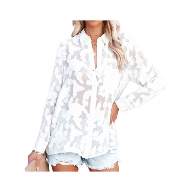 Sunloudy Camisas elegantes para mujer, blusa de gasa con botones de manga larga de jacquard de color puro Sunloudy S M L XL XXL