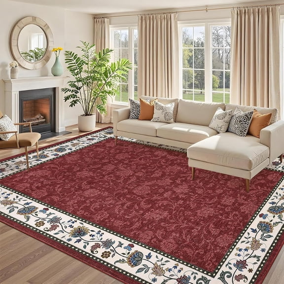 10x13 Vintage Floral Border Area Rug, Non Slip Washable Foldable Low Pile Living Room Bedroom Carpet,red
