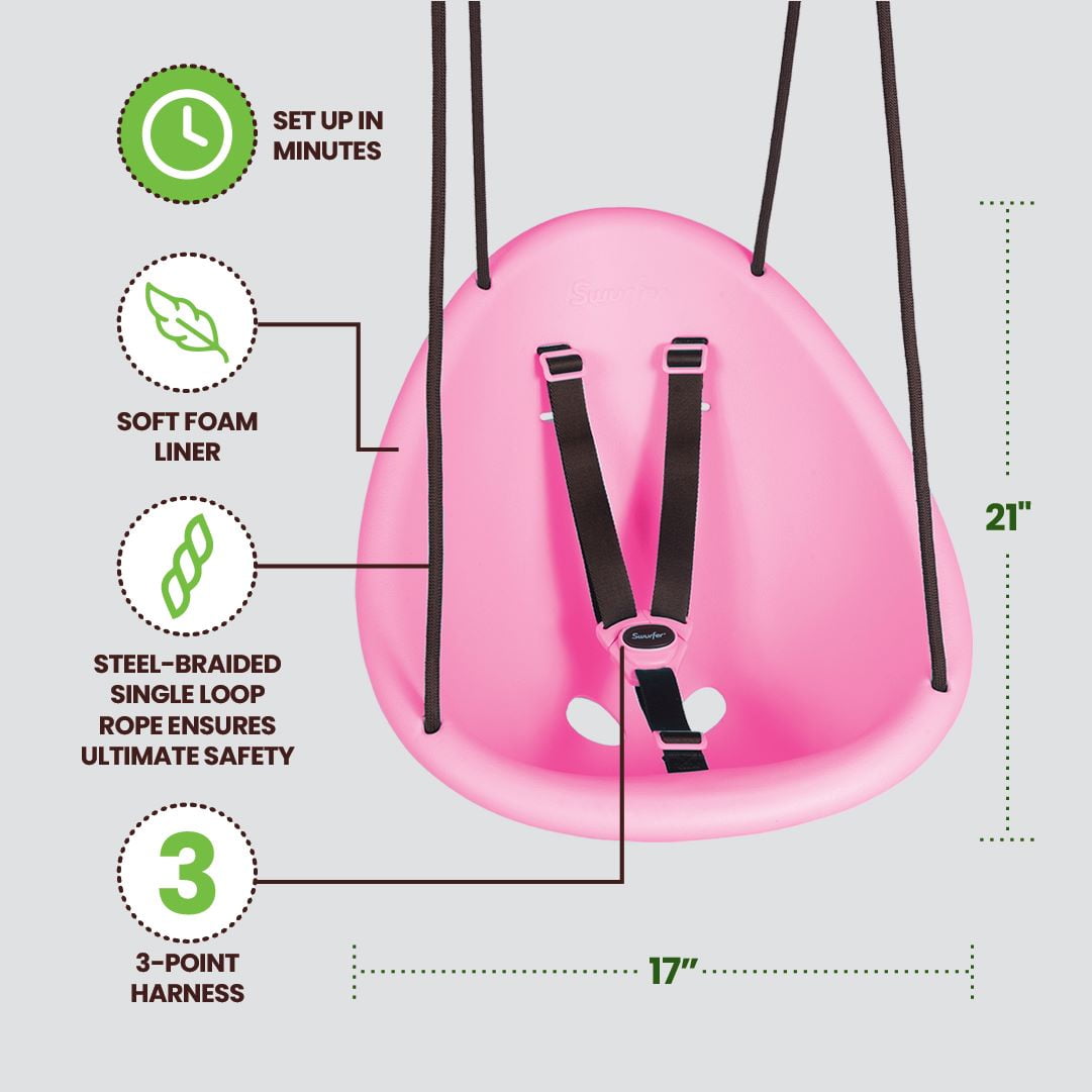 Swurfer Kiwi Baby - Toddler Swing with Foam-Lined Shell, Indoor and Outdoor Toy, Ages 6 Months+, Pink