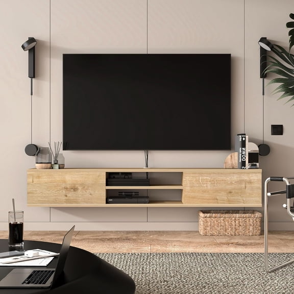 Floating TV Stand 70 Inch - Modern Wall Mounted Entertainment Center - Walnut TV Stand for Living Room