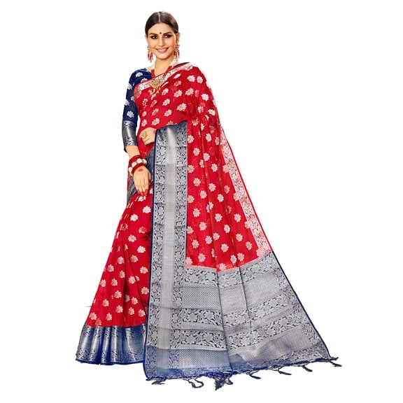 Sarees for Women Linen Banarasi Art Silk l Indian Rakhi Wedding Diwali Gift Sari with Unstitched Blouse