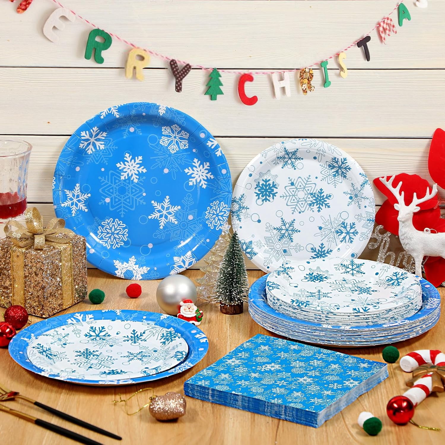 Waipfaru 200 PCS Christmas Paper Plates and Napkins White Snowflake Party Supplies Blue Disposable Dinnerware Set for Xmas Party