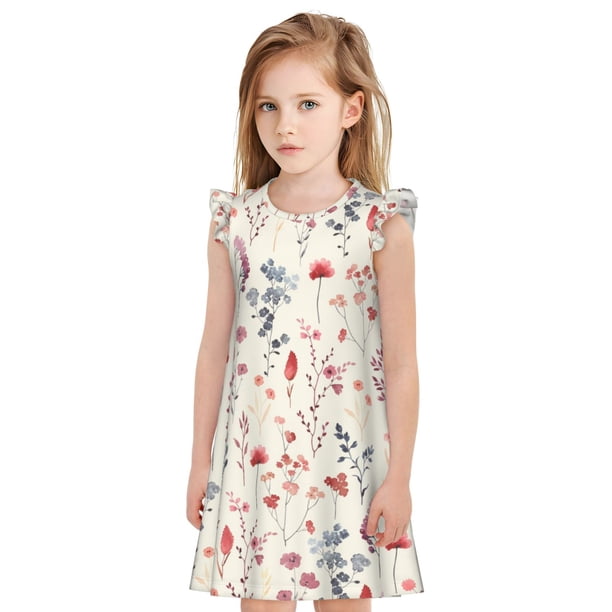 Fotbe Wildflower Watercolor 3 Vestido de Dormir para Niñas de 3 a 10 Años, Mangas Cortas, Estilo Princesa, Pijama Camisón con Mangas Voladas-X-Large