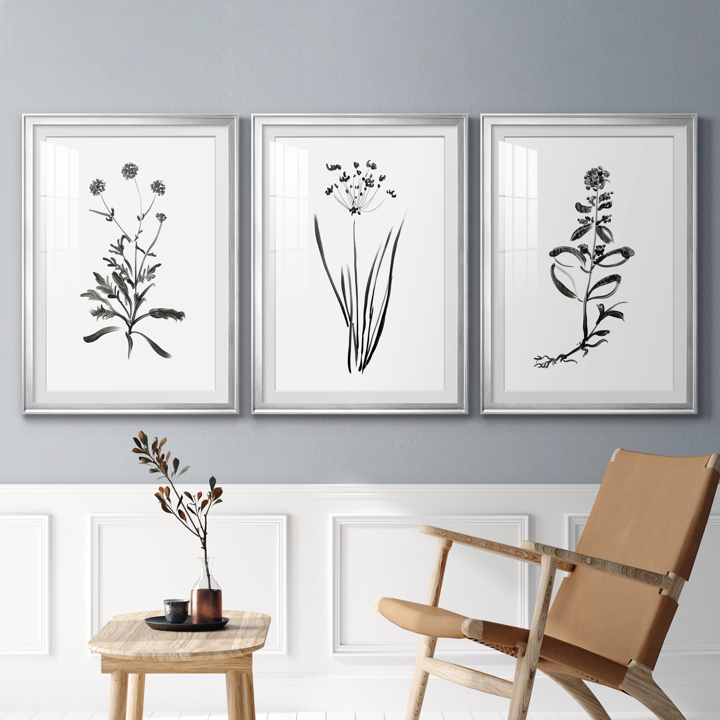 Inky Botanical I Premium Framed Prints Set of 3 - Ready to Hang - 30.5 x 42.5 Each - Silver Frame