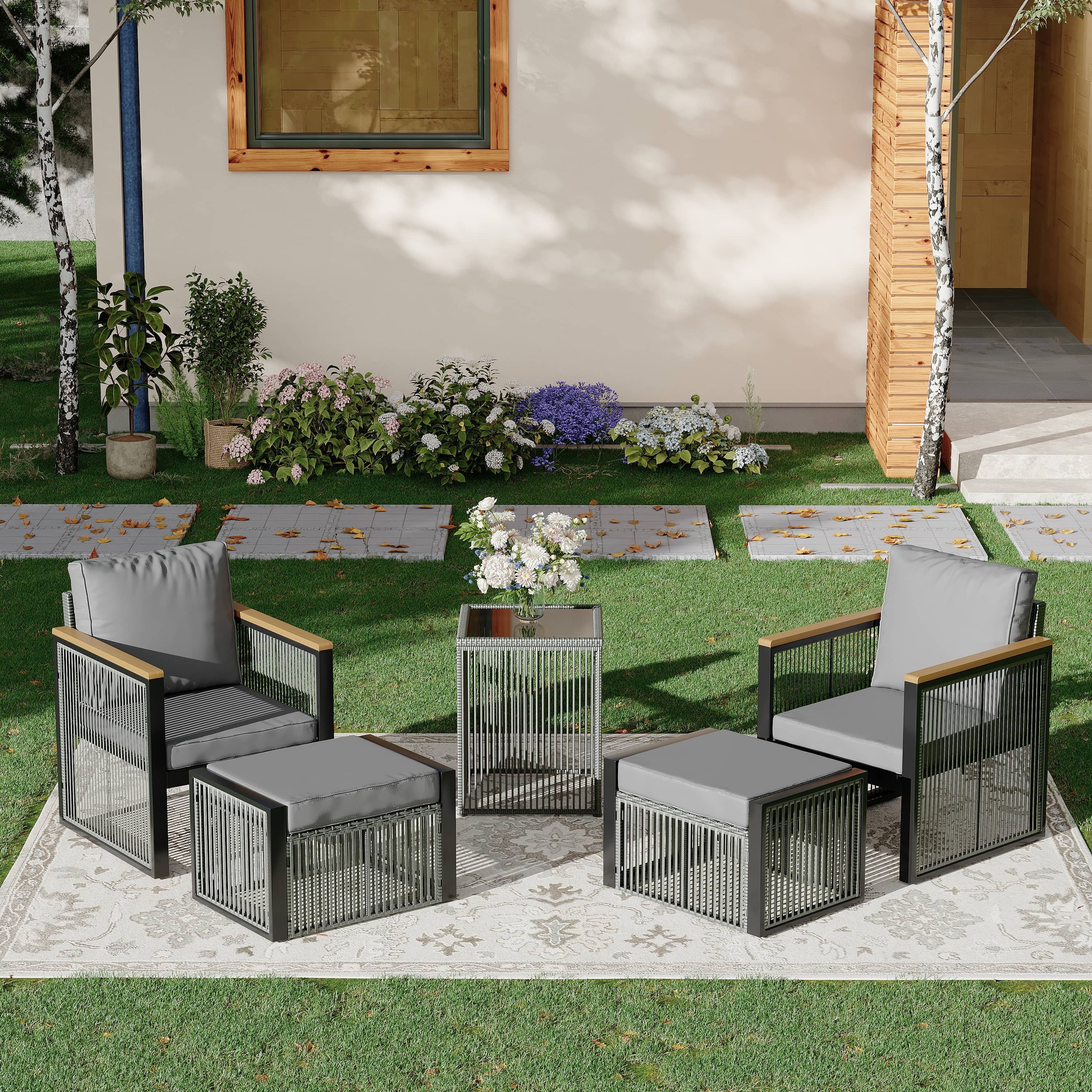Vicluke 5 Pieces Patio Set Outdoor Furniture Sets Modern Chair Conversation Sets with Ottoman & Coffee Table for Yard and Bistro