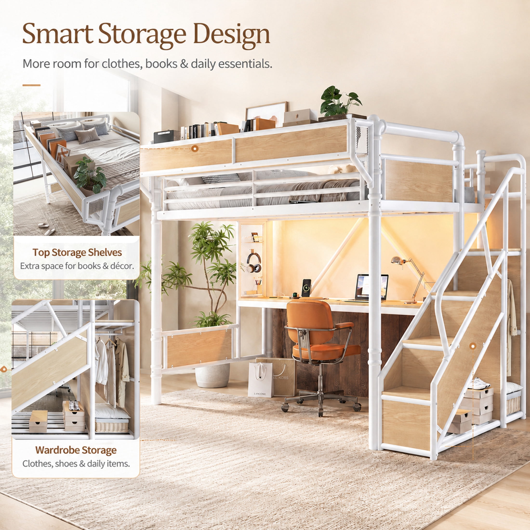 GDF Studio Queen Size Metal Loft Bed with Desk, Power Outlet, LED Light, Storage & Wardrobe, White