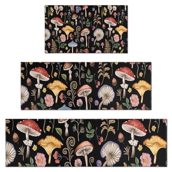 Red Mushroom Flower Black Pattern Kitchen Rugs Sets Of 3,Kitchen Runner Rugs Non Skid Washable,Decorative Kitchen Floor Mats for Kitchen,Sink,Laundry,17"x30" 17"x47" 17"x59"