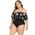thumbnail image 6 of Plus Size Swimsuit for Women Tummy Control Beachwear Elegant Floral Print Stretchy Monokini Ruffle Patchwork Strap Swimwear V Neck Drawstring Swimdress Casual One Piece Bathing Suit, 6 of 9