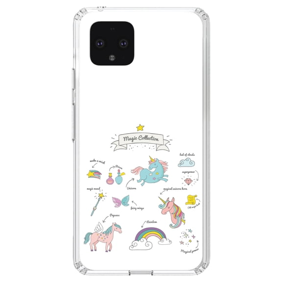 DistinctInk Clear Shockproof Hybrid Case for Google Pixel 4 XL (6.3" Screen) - TPU Bumper, Acrylic Back, Tempered Glass Screen Protector - Magic Collection White - Unicorn, Rainbow