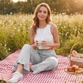 thumbnail image 5 of Satingcolo Linen Pants Women Wide Leg Ruffle Hem Pull On High Waisted Elastic Waist Cropped Ankle Casual Beach Summer Pants White S, 5 of 8