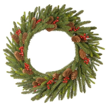 National Tree Company Pre-Lit Feel Real® Artificial Christmas Wreath, Green,  Dorchester Fir, Red Berries, Pine Cones, 50 Warm White LED Lights, Battery Operated, Timer , 24 Inch