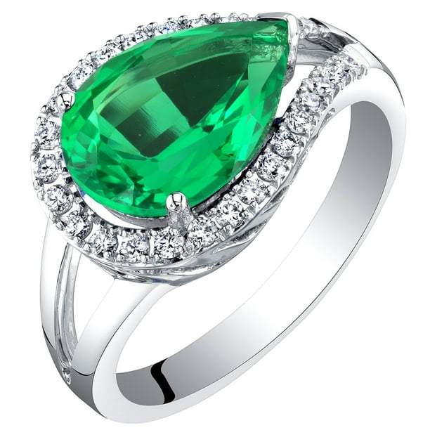 Oravo 3.02 ct Pear Shape Green Created Emerald Halo Ring with Lab Grown Diamonds in 14K White