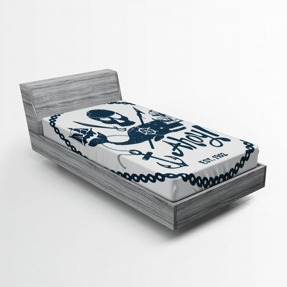 Ambesonne Vintage Fitted Sheet, Nautical Pirate Skull, Twin XL Size, Dark Blue White