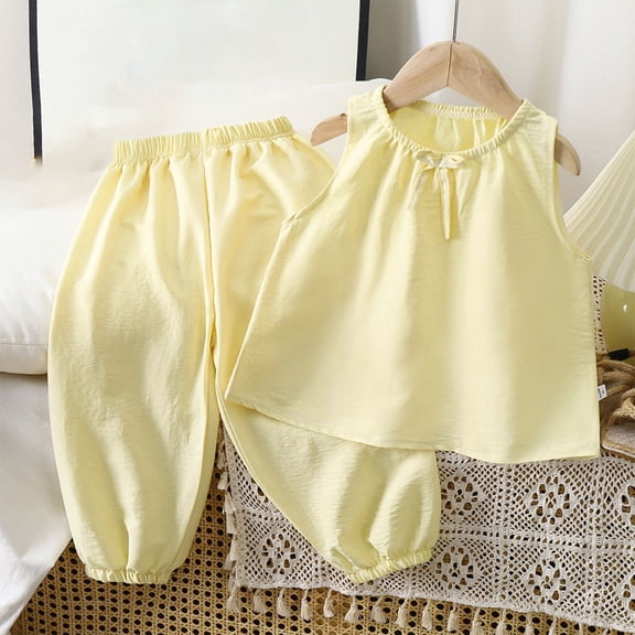 Amidoa Girls 2 Piece Outfits Summer Clothes Cute T-Shirts Cotton Solid Color Tank Top and Casual Shorts Kids Clothing Sets Yellow Size 6