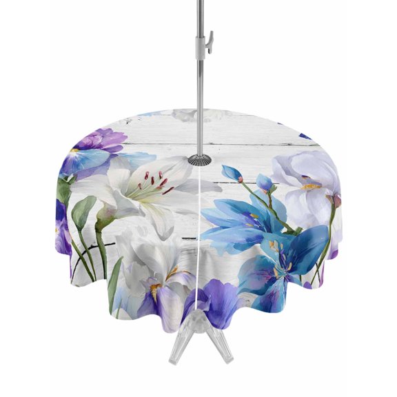 Outdoor Tablecloth with Umbrella Hole for Patio/Picnic/Party/Camping, Spring Flowers Waterproof Table Cloth Round Cover Washable, Watercolor Garden Florals Wooden Grain (Dia 60")